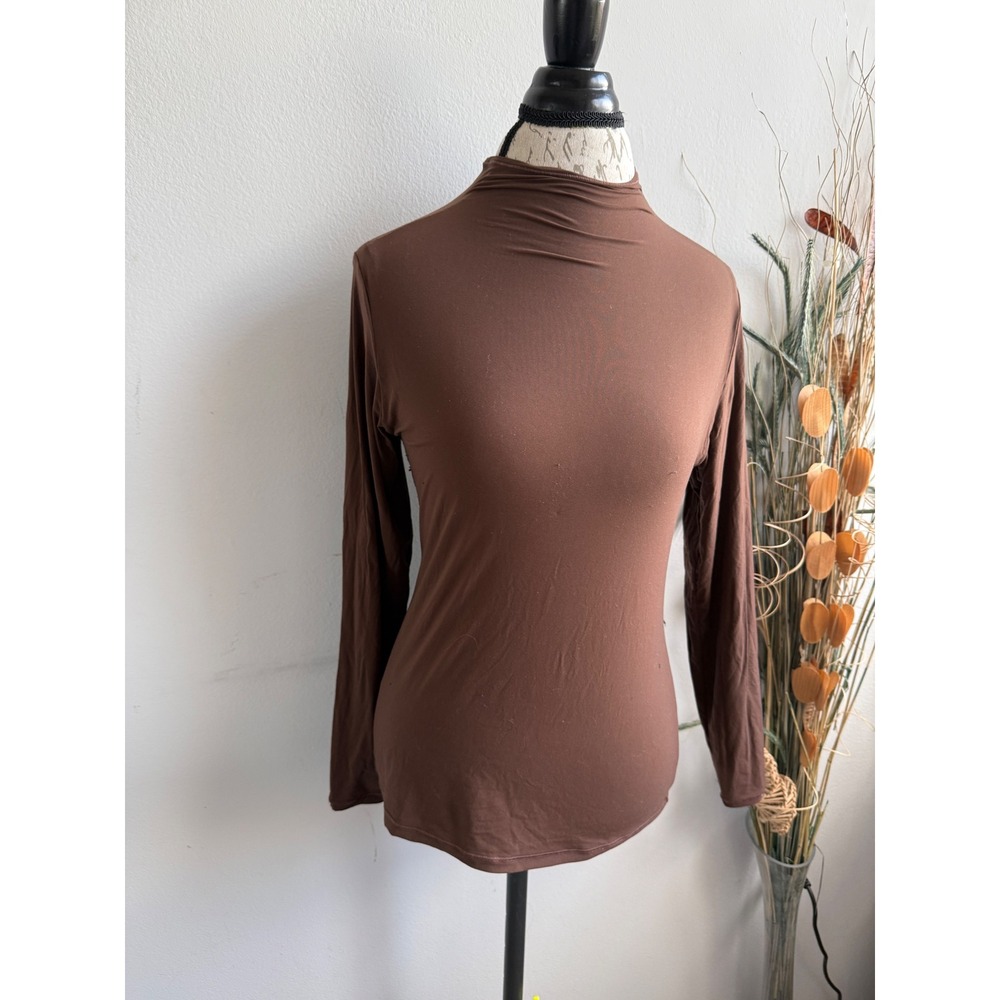 SKIMS Womens Mock Neck Long Sleeve Top Chocolate Brown Stretch Jersey Size m